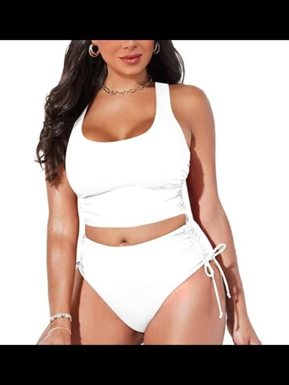 White High-Waist Ruched Tankini Bikini Set - Women Swim